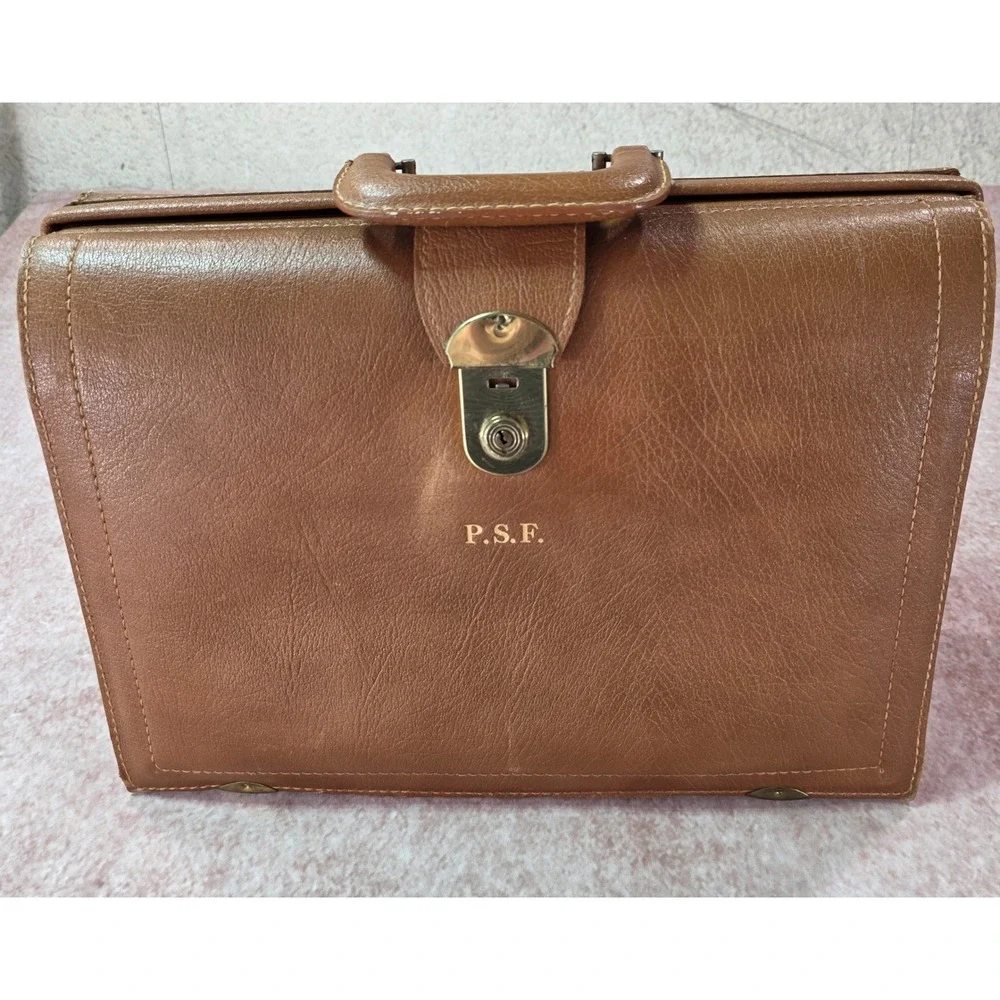 Vintage Tan Leather Gladstone Briefcase Brass Lock Monogram PSF Lawyer Bag